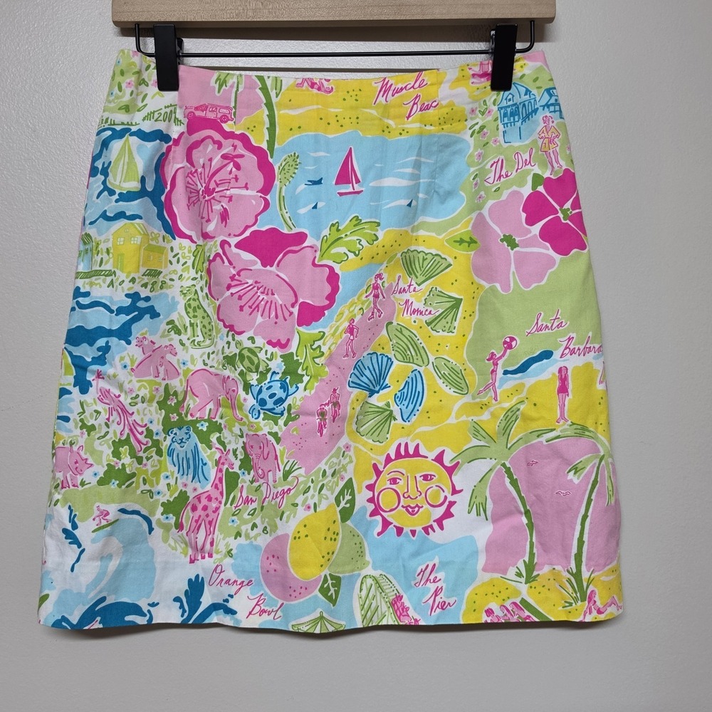 VTG Y2K Lilly Pulitzer Skirt California Beach Map Print Mini Cotton Lined Sz 2
